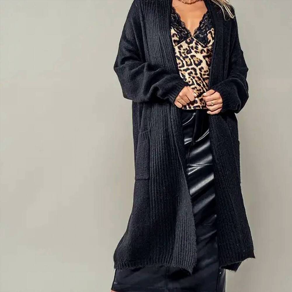 NEW FAIRE textured soft ribbed knit long open cardigan with front pockets one si